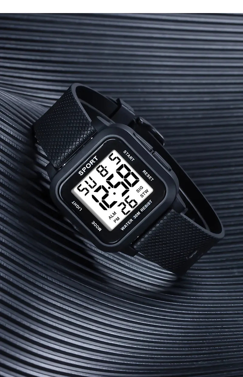 YIKAZE Black Sports Watch Men's Digital Watch Alarm Chrono Clock 3Bar Waterproof Military Men Watches LED Electronic Wristwatch