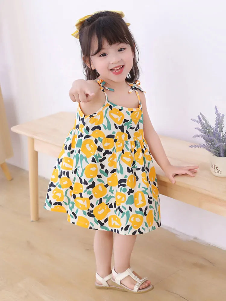 Summer Girls Dress Sleeveless Suspender Children Princess Dress Floral Print CasualDresses for Kids Girl PureCottonventilate