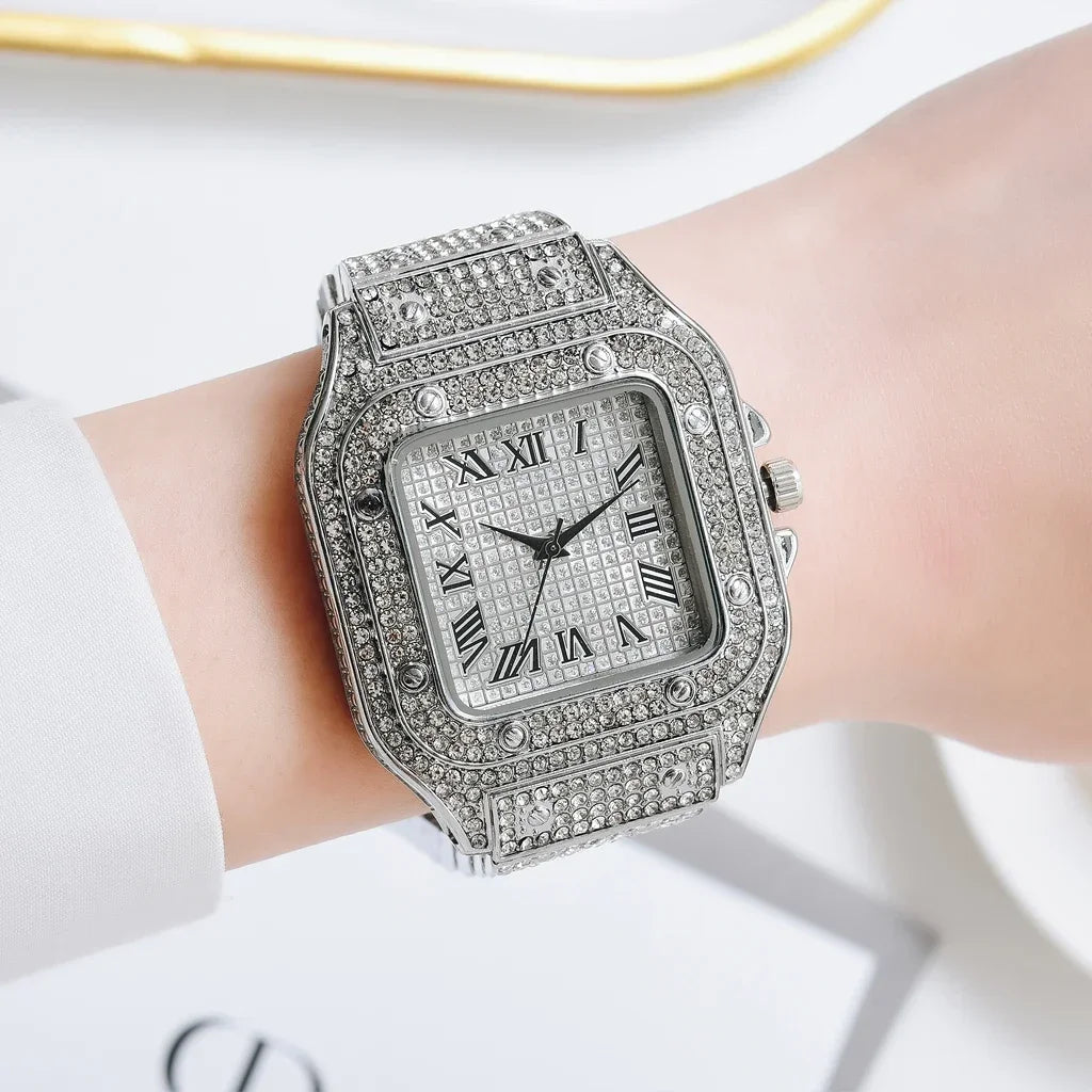 2Pcs Set Diamond Women Watches Gold Watch Ladies Wrist Watches Luxury Brand Rhinestone Womens Bracelet Watches