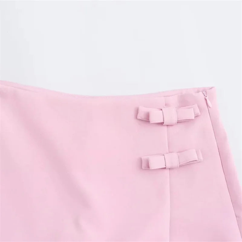 TRAF 2024 Pink White Mini Skirt Woman Fashion Bow Skort For Women Summer Slit Short Skirt Woman Split High Waist Skirt Shorts