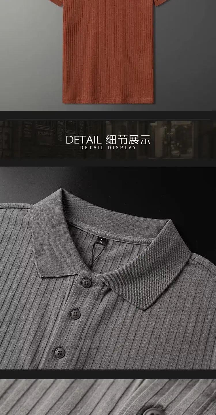 Men Polo Shirt Stripes Short Sleeve T-shirt Male Breathable Tops Business Turn Down Collar Luxury Handsome Elasticity Pullover