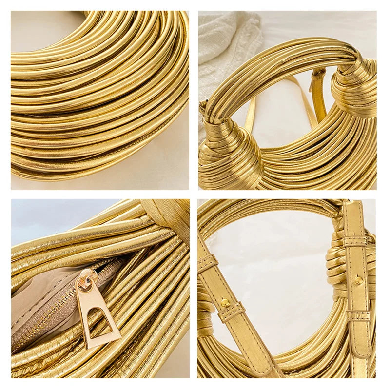 Handbags for Women 2024 New Gold Luxury Designer Brand Handwoven Noodle Bags Rope Knotted Pulled Hobo Silver Evening Clutch Chic