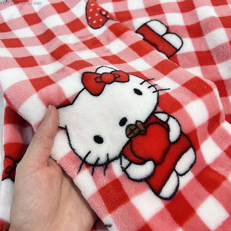 Sanrio Hello Kitty Home Clothes Red Plaid Plush Top Pullover Pants Women 2 Piece Set Cartoon Soft Flannel Cute Pajamas Suit Y2k