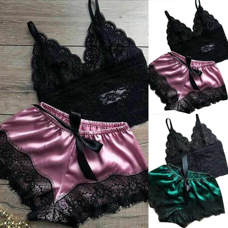 1 Set Womens Lace Sleepwear Lingerie Tops Shorts Set Babydoll Pajamas Nightwear Ultra Thin Hollow Out Nightclothe S/M/L/XL/2XL