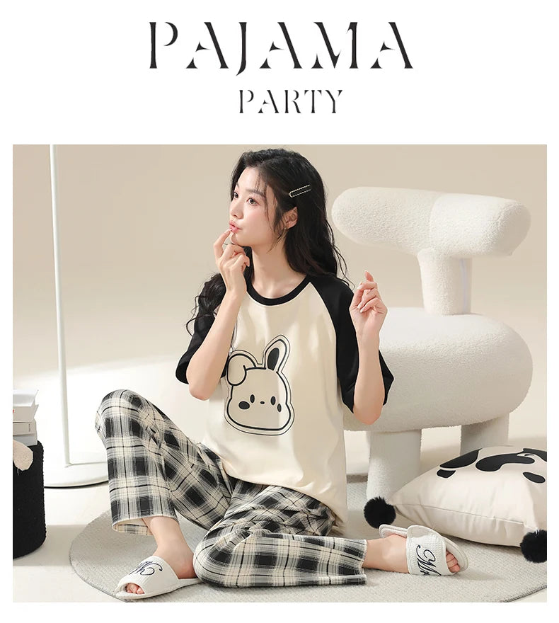 Big Size 5XL Pajama Sets Short Sleeved Cartoon Bear Knitted PJ Plaid Sleepwear Elegant Women's Pajamas Lounge Home Pijama Mujer