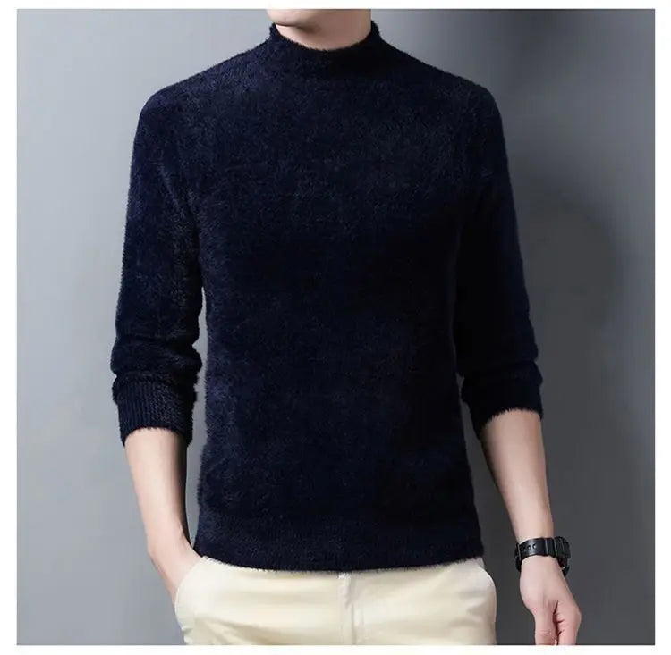 New Pullover Men Sweater Soft Warm Long Sleeve Mock Neck Solid Color Fine fleece Sweater Thicken Warm Loose Casual Sweaters