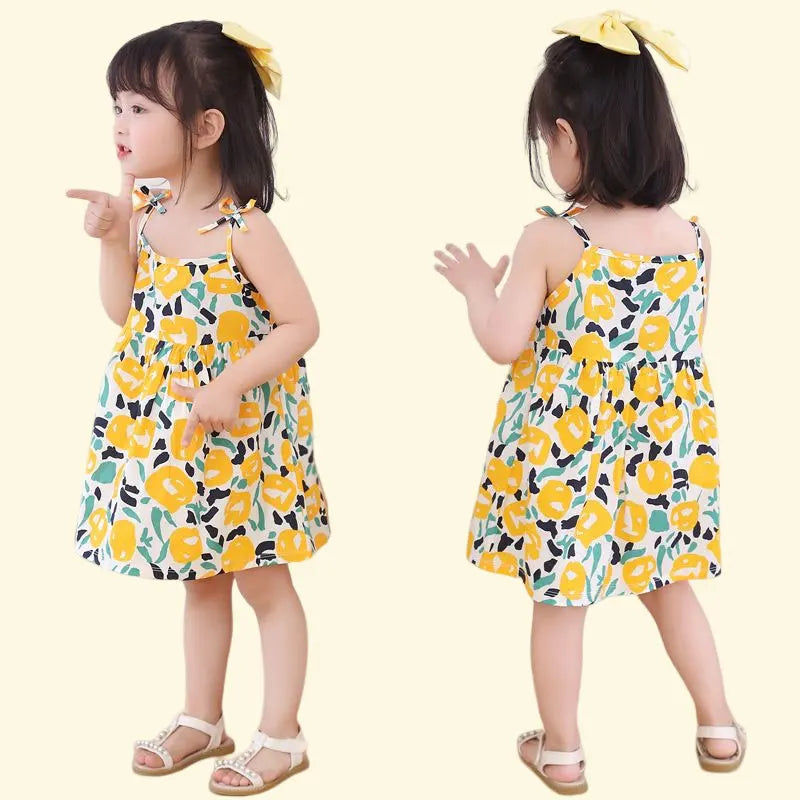 Summer Girls Dress Sleeveless Suspender Children Princess Dress Floral Print CasualDresses for Kids Girl PureCottonventilate