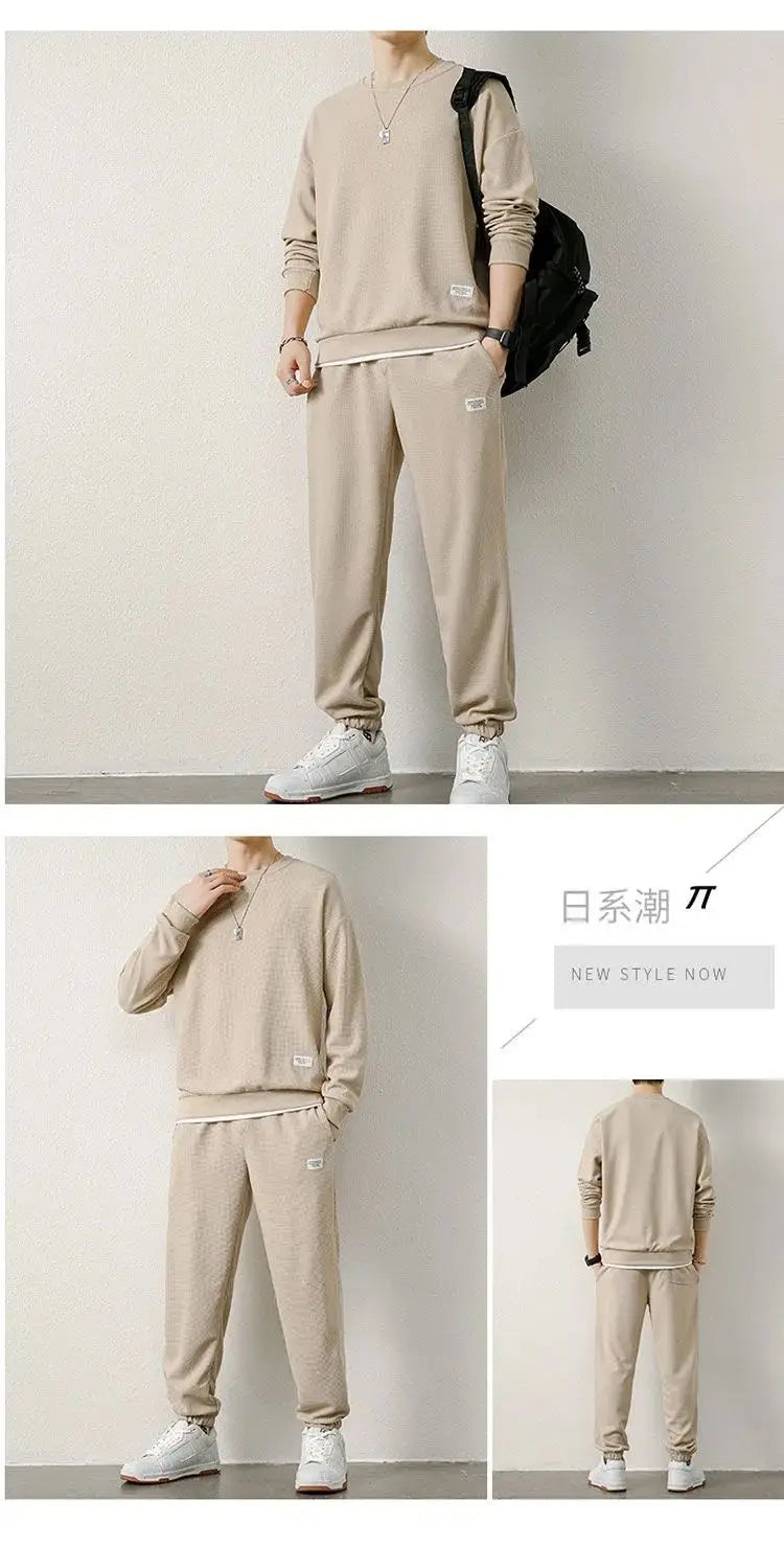 Spring Autumn New Men Waffle Two-Piece Casual Loose Long Sleeve and Pants O Neck Solid Color Pullover+outdoor Running Pants Set