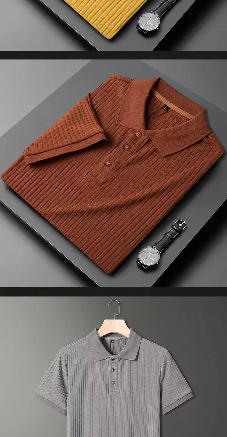 Men Polo Shirt Stripes Short Sleeve T-shirt Male Breathable Tops Business Turn Down Collar Luxury Handsome Elasticity Pullover