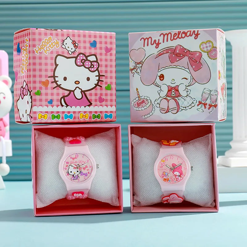 3D Hello Kitty Children Watches with box Cinnamoroll Kuromi Melody Girls Watch Anime Action Figures Model Toys Kid Clock Gift