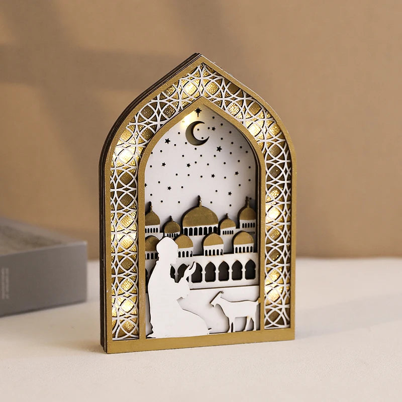 Ramadan Wooden Moon Mosque Night Light Table Ornament EID Mubarak Party Light 2025 Islam Muslim Home Decoration Eid Al Adha Gift