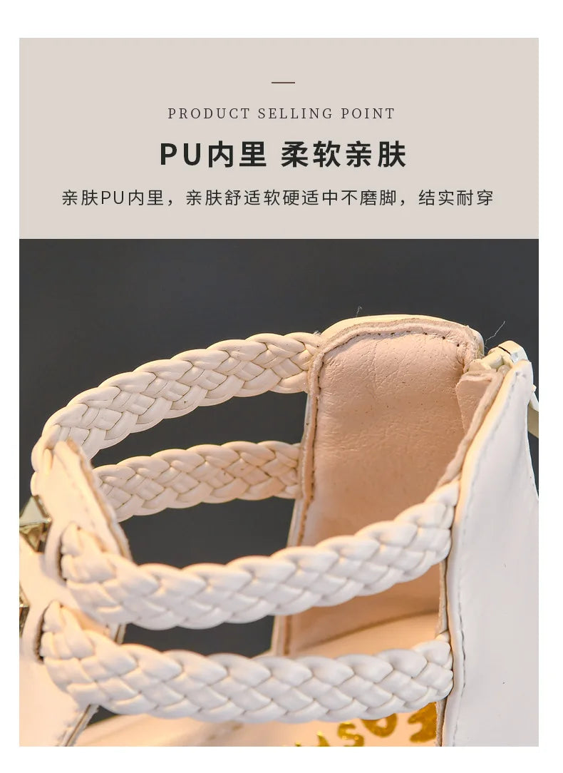 Girls Roman Sandals Open Toe Braided Solid Color High-top Simple Rivets New Summer Hollow Flat Casual Shoes Kids Fashion Casual