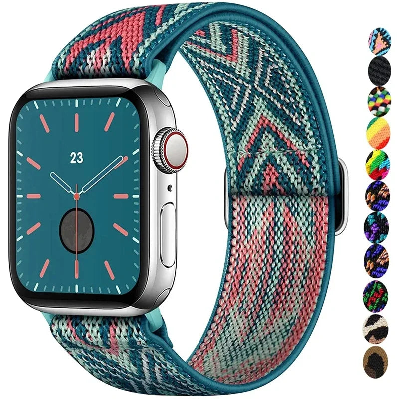 Bohemian Nylon Strap for Apple Watch ultra 2 49mm 41mm 45mm 38/40/44mm Elastic Shiny Bracelet iWatch Series 9/8/7 6 5 4 Se Band