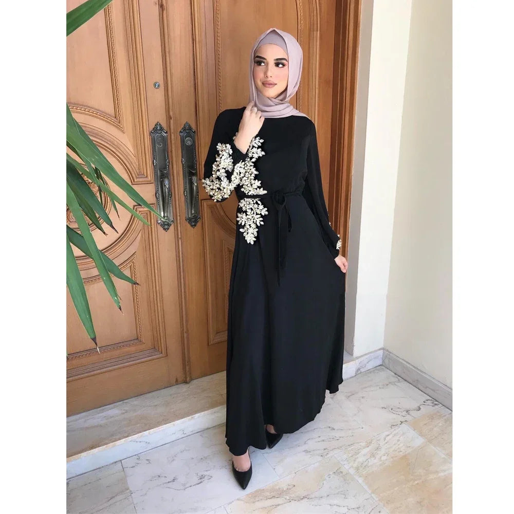 Arabian Lace Beaded Muslim Dress Abaya Dubai Women Hijab Dress Turkey Fashion Robe Turkish Dresses Hijab Prayer Islamic Clothing