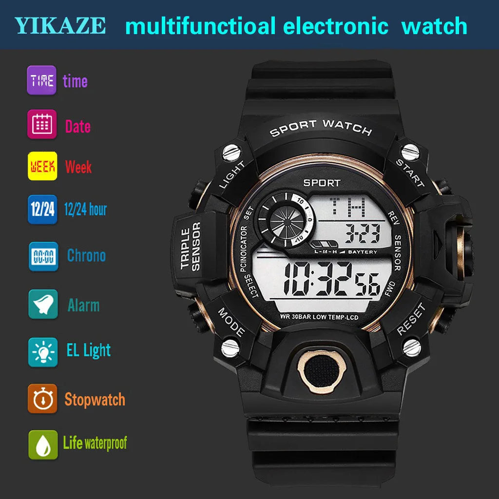 YIKAZE Men's LED Digital Watch Men Sport Watches Fitness Electronic Watch Multifunction Military Sports Watches Clock Kids Gifts