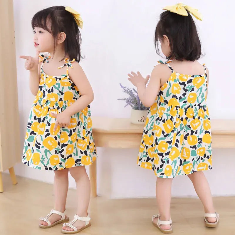 Summer Girls Dress Sleeveless Suspender Children Princess Dress Floral Print CasualDresses for Kids Girl PureCottonventilate