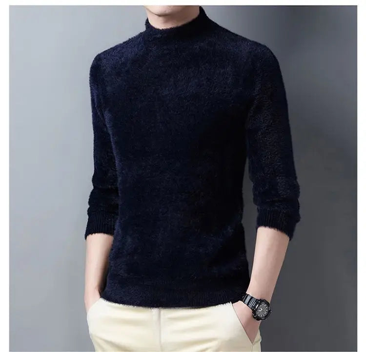 New Pullover Men Sweater Soft Warm Long Sleeve Mock Neck Solid Color Fine fleece Sweater Thicken Warm Loose Casual Sweaters