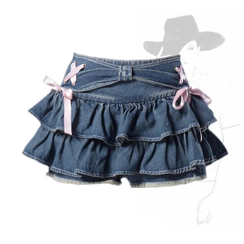 Blue Denim Pleated Skirt Bow Fold Design Women's A-line Short Skirt Built in Shorts American Spicy Girl Korean Fashion Hotsweet