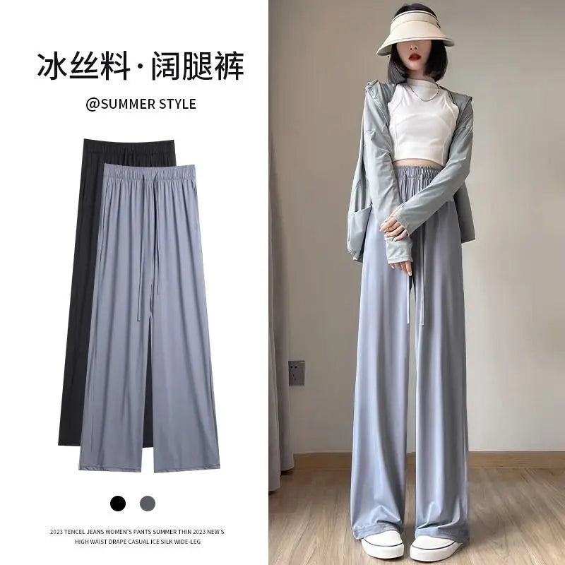 Summer High Waisted Wide Leg Pants Thin Sun Protection Elastic Waist Ice Silk Cool Quick Drying Casual Trousers Women Clothing