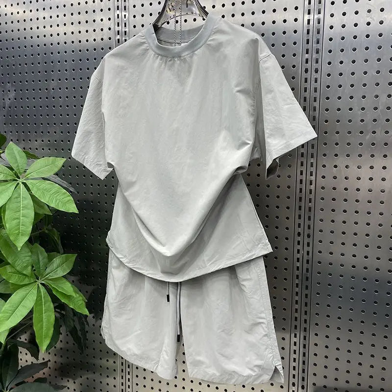 Summer Cargo Style Set Men's Casual Short Sleeve T-shirt Shorts Drawstring Quick Drying Pullover Loose Fashion Two-piece Set