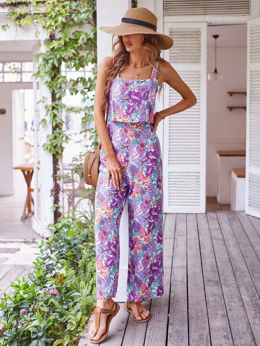 Elegant Long Jumpsuit Women Sexy Backless Wide Leg Jumpsuits Casual Sleeveless Floral Rompers Summer Clothes For Woman 2024 New