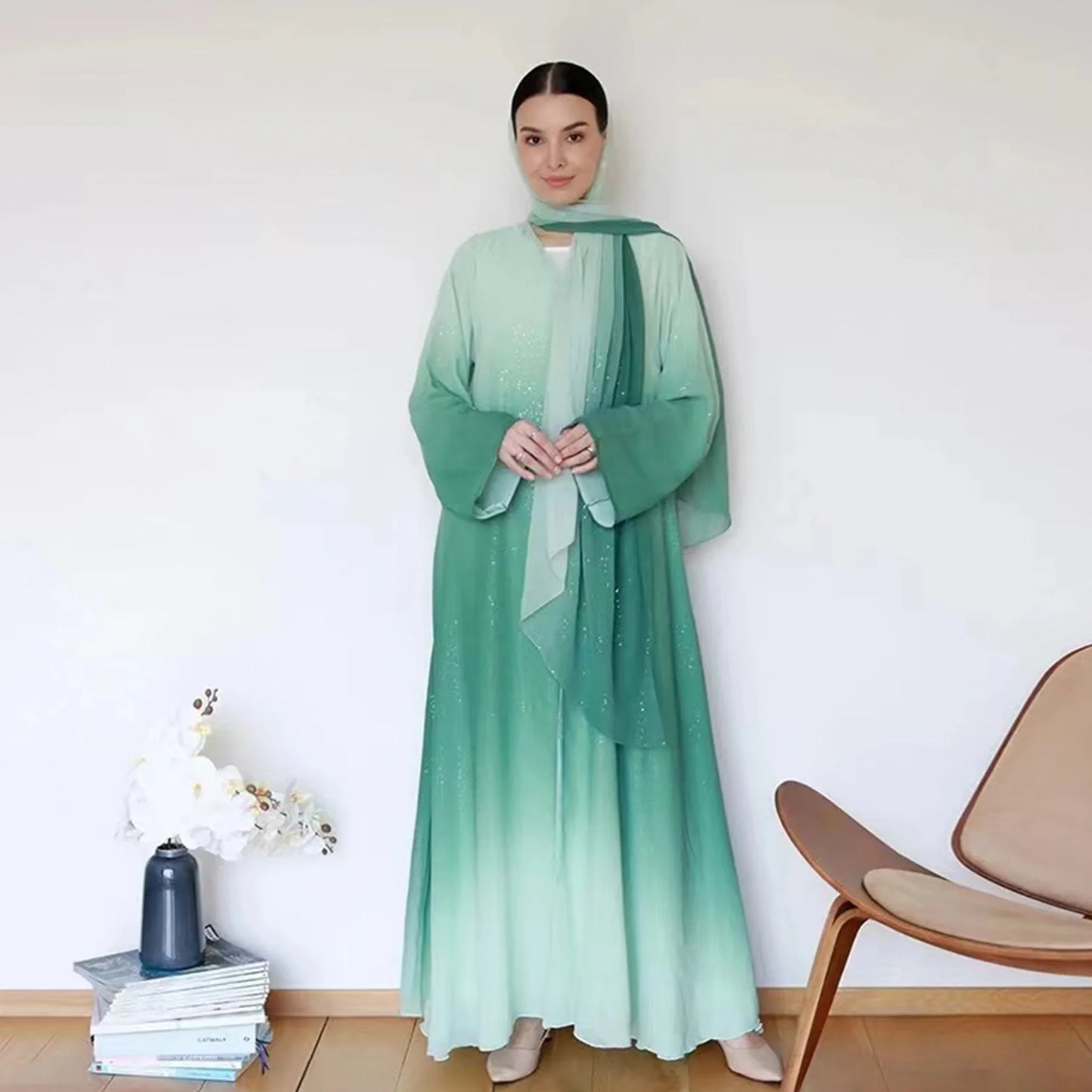 2024 Fashion Chiffon Abaya Kimono Dubai Muslim Cardigan with Scarf Abayas Dress Women Casual Robe Musulmane female Islam Clothes