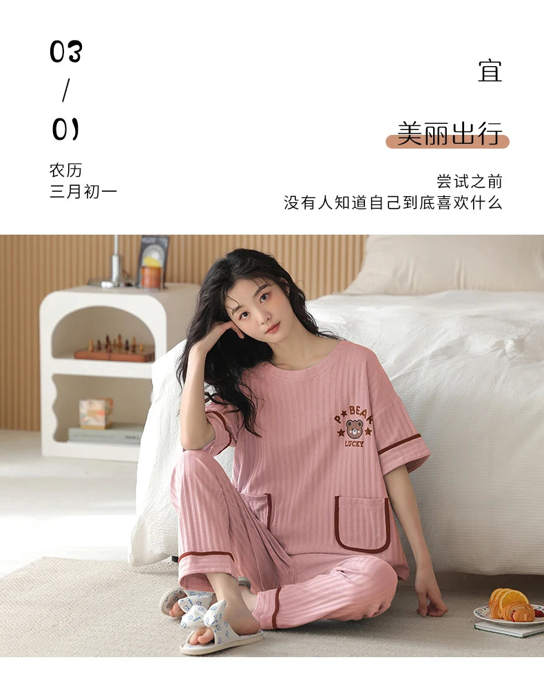 Big Size 5XL Pajama Sets Short Sleeved Cartoon Bear Knitted PJ Plaid Sleepwear Elegant Women's Pajamas Lounge Home Pijama Mujer