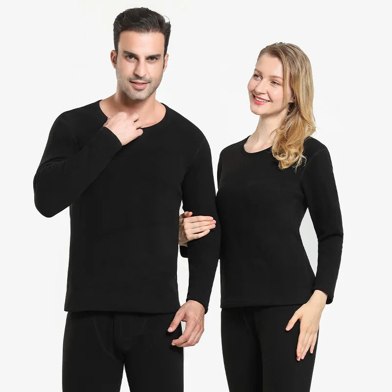 Couple Winter Solid Color Thermal Underwear Sets Soft Thicken Fleece-lined Warm Cold-proof Long Johns Top & Bottom 2 Piece Set