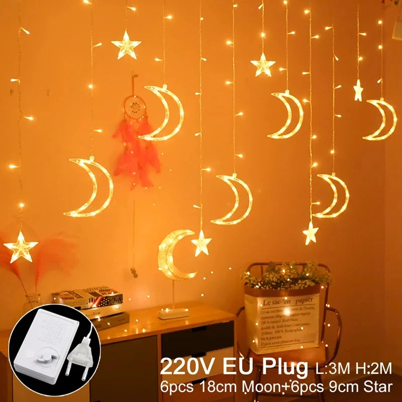 Eid Moon Star Curtain Garland Led String Light Ramadan Decoration Islam Muslim Party Decor Eid Al Adha Gift Eid Mubarak