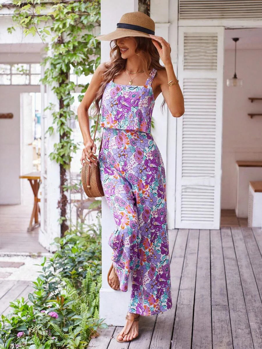 Elegant Long Jumpsuit Women Sexy Backless Wide Leg Jumpsuits Casual Sleeveless Floral Rompers Summer Clothes For Woman 2024 New