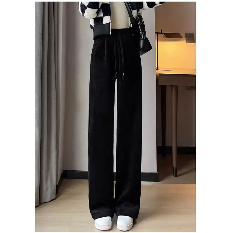 Women Keep Warm Thickened Corduroy Trousers Wide Leg Sweatpants Winter Straight Pant High Waist Warm Loose Simple Lamb Trousers