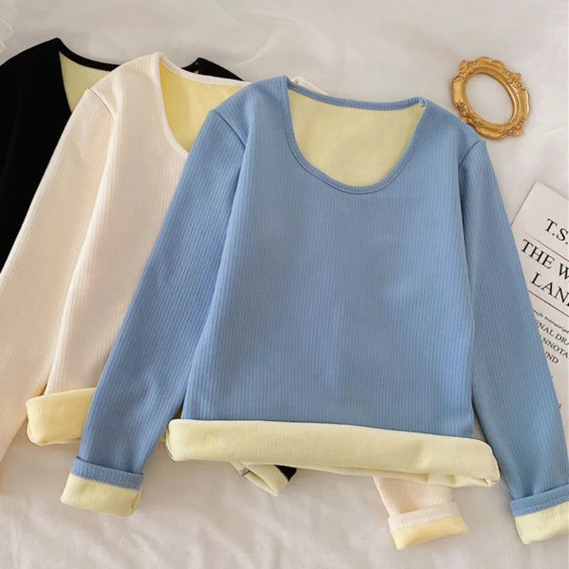 Warm O Neck Long Sleeve Tops Winter Women T Shirts Thread Casual Slim Solid Color Simple Add Fleece and Thicken T-Shirts