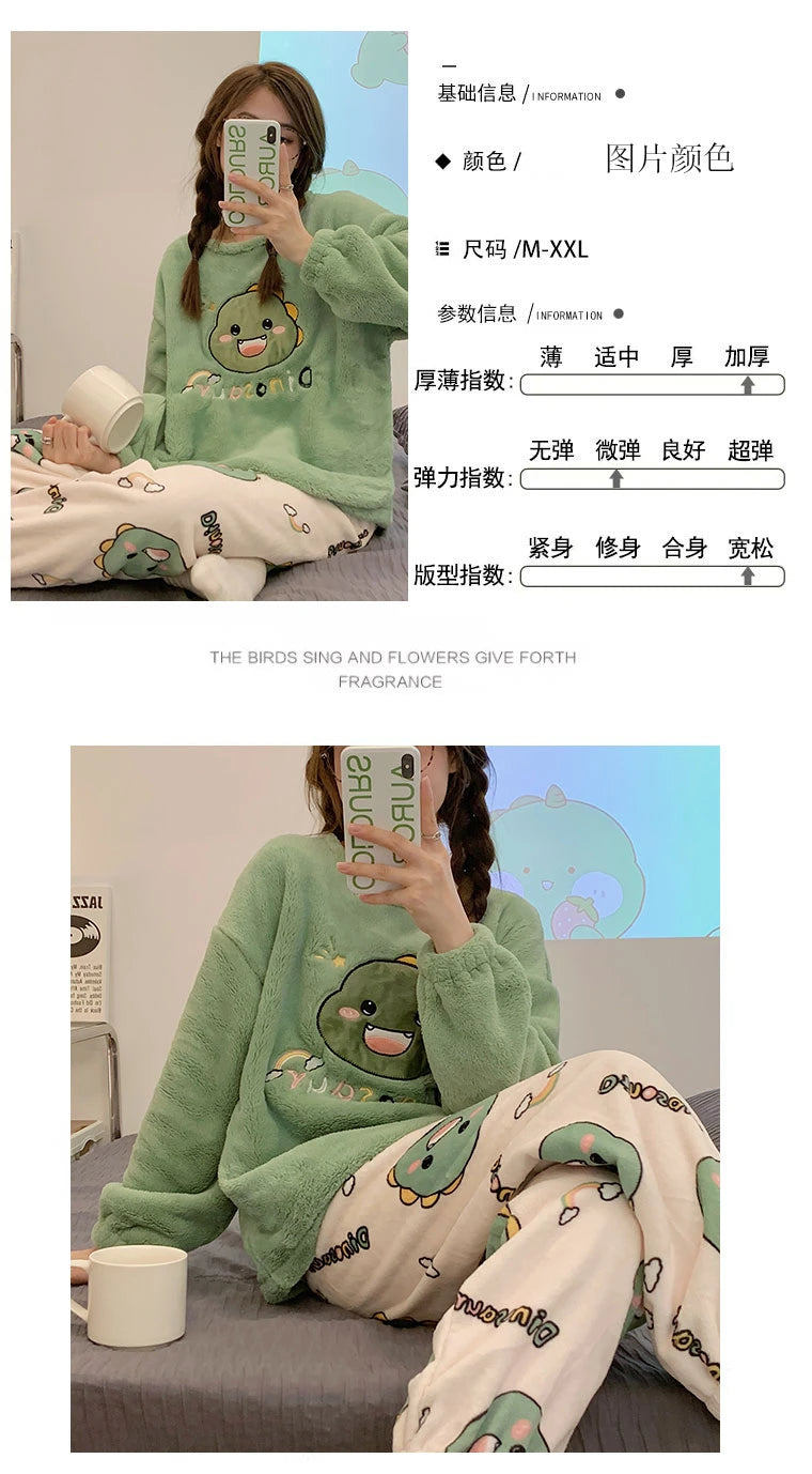 Autumn Winter Women's Pajamas Cute Cartoon Printed Sleepwear Casual Home Wear Set Girl Knitted Size M-3XL Pijamas Fashion Pyjama