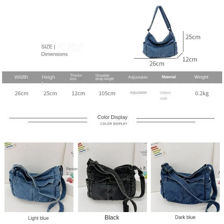 Denim Vintage Messenger Bag for Women Tote Handbag Fashion Jeans Crossbody Shoulder Bag Large Capacity Causal Ladies Satchel Bag