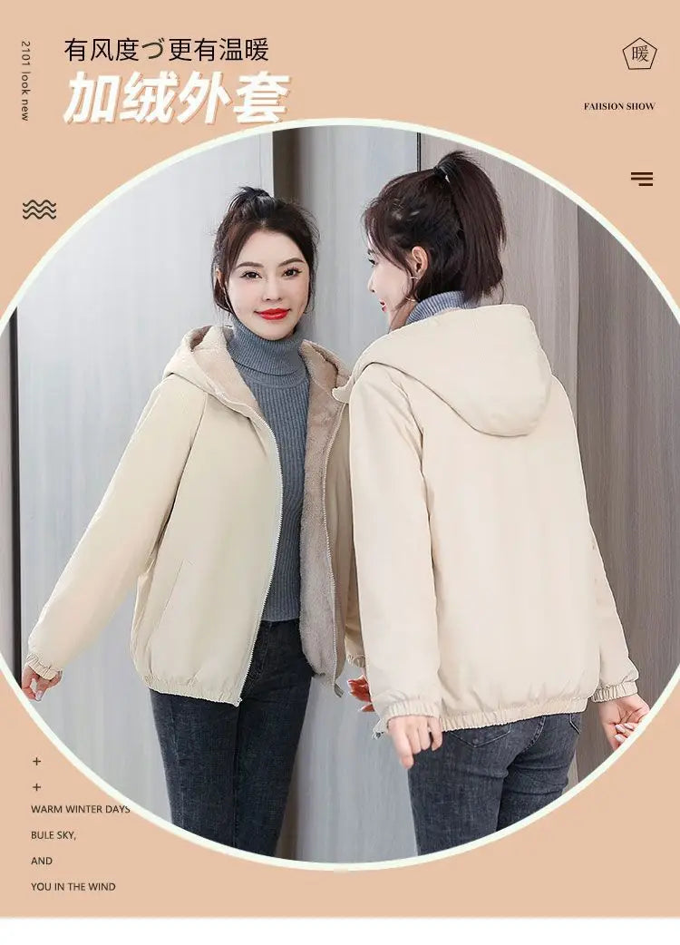 Women's Fleece Coat Winter Warm Thicken Solid Windbreaker Hooded Cotton Plush Hooded Jackets Casual Outdoor Windproof Jacket