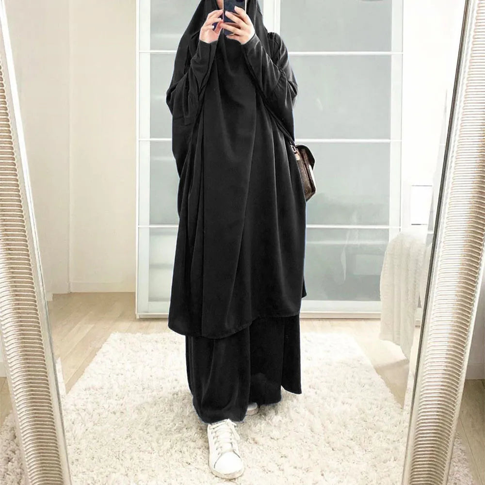 Women 2 Piece Dress Muslim Prayer Set Khimar Abaya Overhead Hijab Skirt Full Cover Islam Clothing Middle East Worship Kaftan New