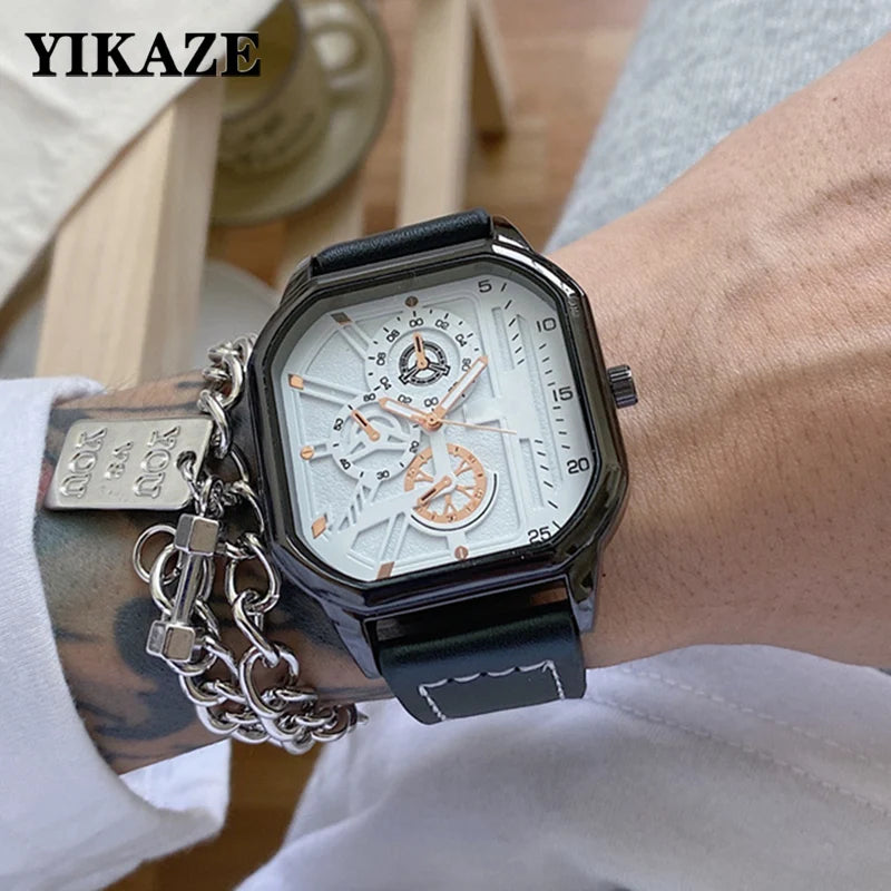 YIKAZE Alloy Men Quartz Watches Leather Strap Big Dial Student Square Sports Watch Cool Black Men's Watch Waterproof  Wristwatch