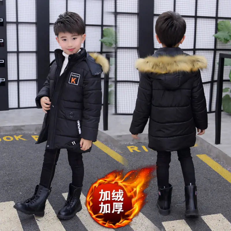 Boys Long Jacket Coat Overcoat Cotton 2024 Blue Black Khaki Warm Thicken Winter Plus Size Children's Clothing