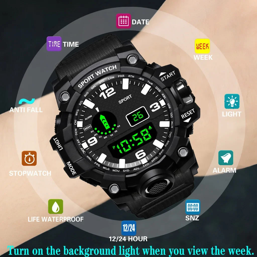 YIKAZE Men's LED Digital Watch Men Sport Watches Fitness Electronic Watch Multifunction Military Sports Watches Clock Kids Gifts