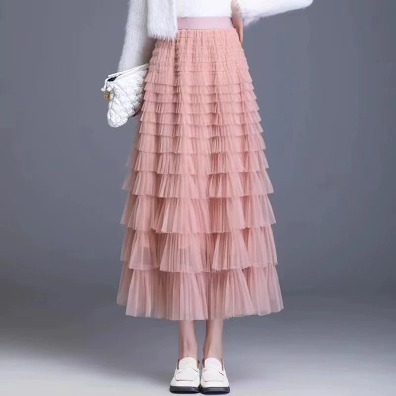 Mid Long Tulle Skirt for Women Trendy HighElastic Waisted A Line Fluffy Fairy Mesh Layered Ruffle Skirt Gifts for Girls