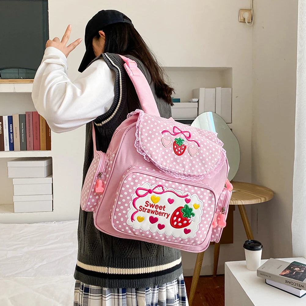 Kawaii Kids School Bag Cute Strawberry Embroidery Student Mochila Dots Multi-Pocket Nylon Fashion College for Teenager Girl