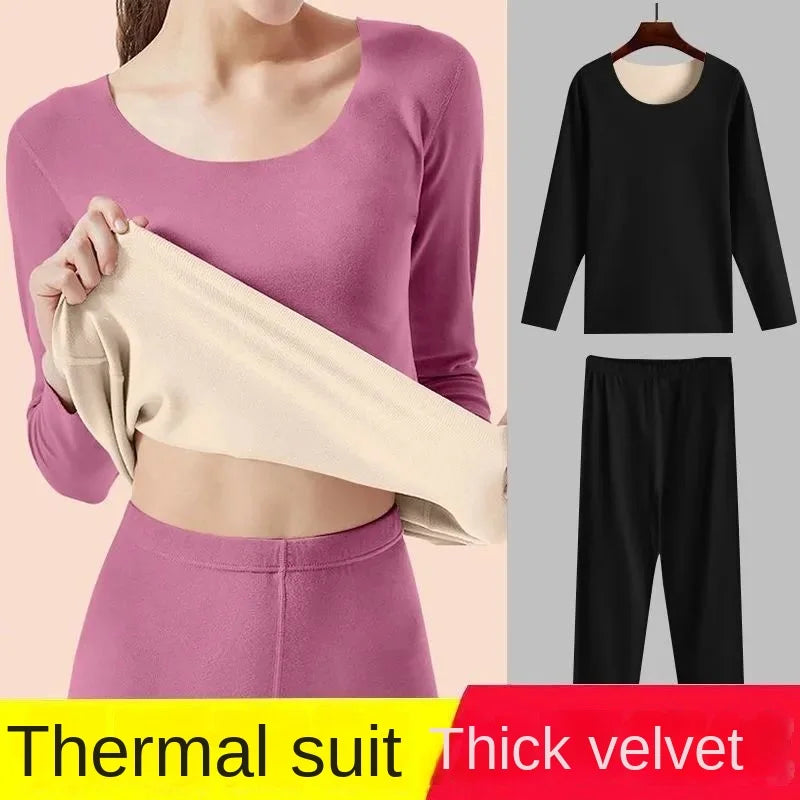 Women's Thermal Underwear O Neck Long Sleeve Top Trousers Suit Traceless Double-sided Comfort Plus Fleece Thickening Winter Set