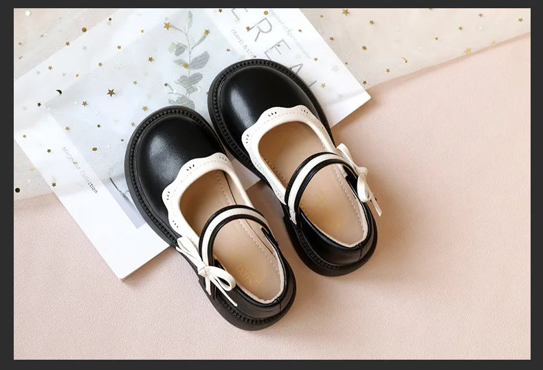 Autumn New Girl Leather Shoes Bowtie Black Beige School Causal Children Flat Elegant Round Toe Fashion Patchwork Kids Mary Janes