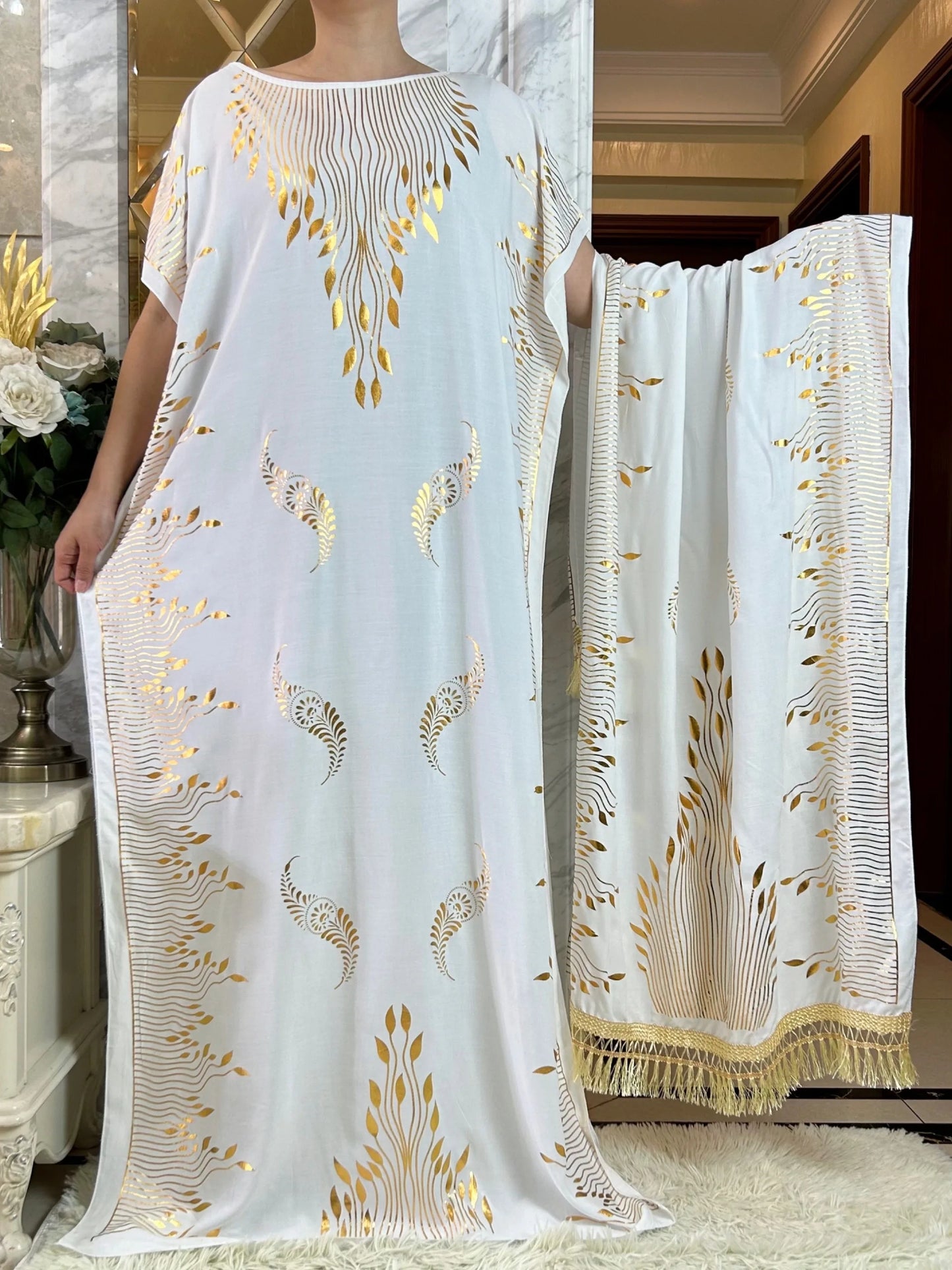 Dubai New Abaya For Women  Summer Short Sleeve Cotton Dress Gold Stamping Loose Lady Maxi Islam African Dress With Big Scarf