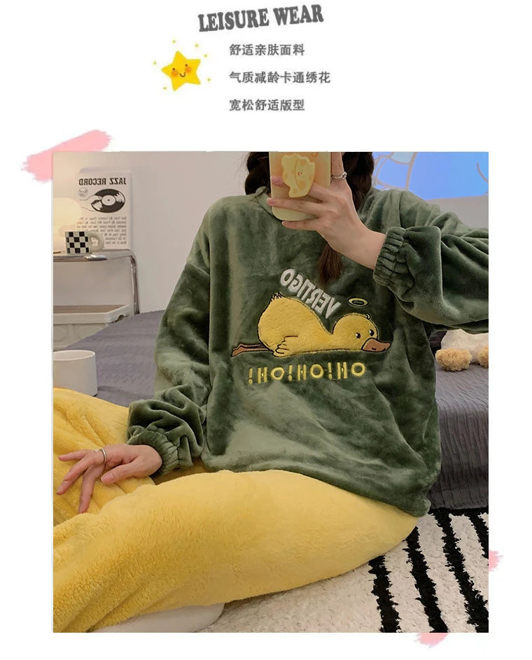 Autumn Winter Women's Pajamas Cute Cartoon Printed Sleepwear Casual Home Wear Set Girl Knitted Size M-3XL Pijamas Fashion Pyjama