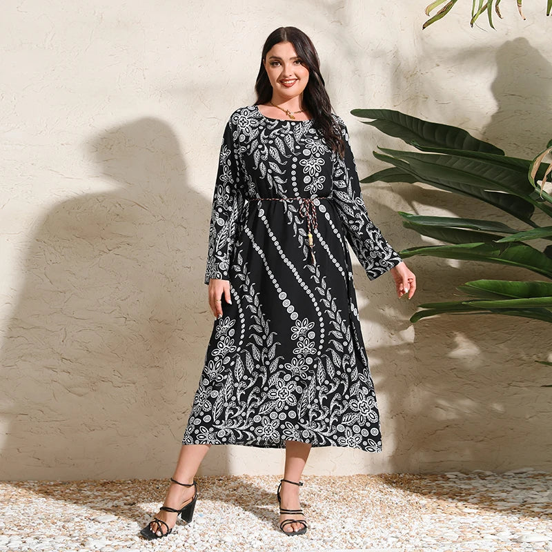 Plus Size Spring Summer Women Dress O-neck Maxi Dresses Floral Pring Robe Long Sleeves Female Sundress Casual Islamic Clothing