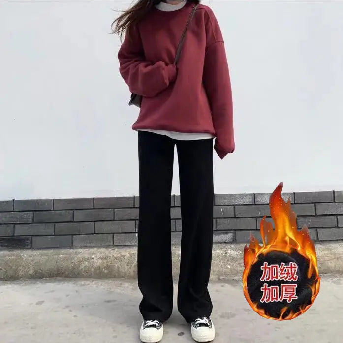 Winter Women Black Fleece Lined Wide Leg Pants Thicken Warm Baggy Drape Sweatpants High Waist Casual Corduroy Straight Pants