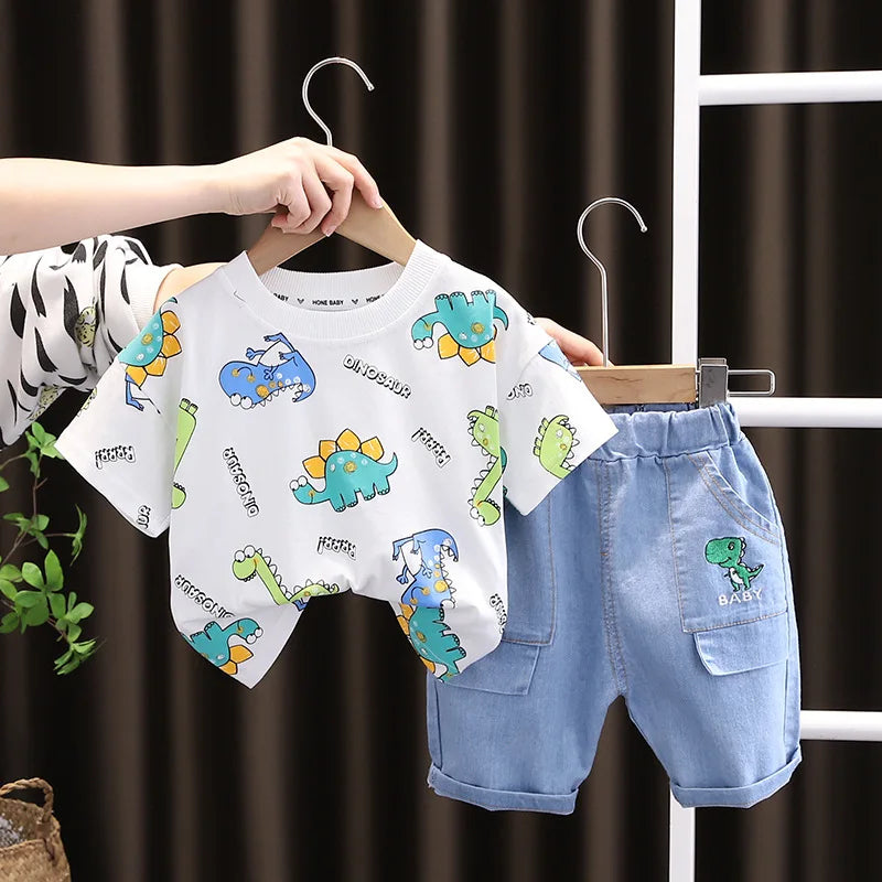 Summer Baby Boys Clothing Suits Childrens Set Dinosaur Print Tshirt+Denim Shorts 2 Pcs/sets Fashion  Children'clothes