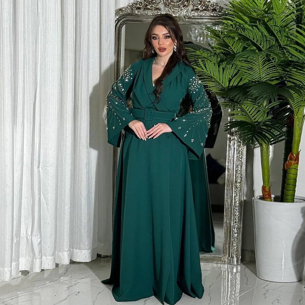 Abaya Dubai Islamic Dress for Woman Jalabiya Evening Party Fashion Diamonds Belted Shiny Muslim Turkish Clothing Lace Up Dresses