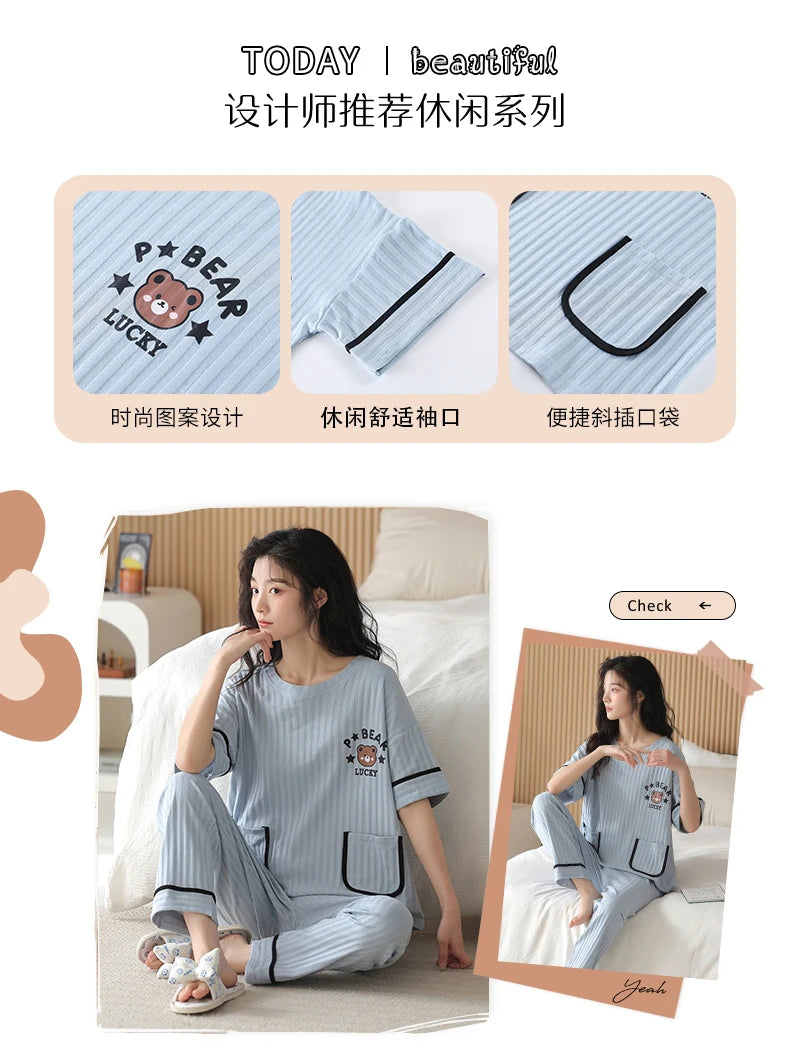 Big Size 5XL Pajama Sets Short Sleeved Cartoon Bear Knitted PJ Plaid Sleepwear Elegant Women's Pajamas Lounge Home Pijama Mujer